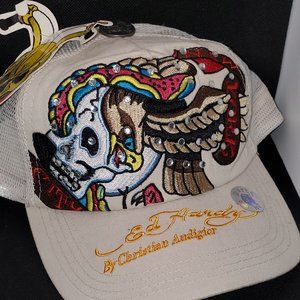 Ed Hardy X Christian Audigier Embroidered Trucker Hat with Rhinestones